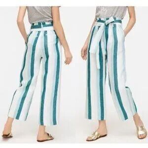J.Crew aquamarine teal green white striped linen high waisted fabric tie pants 4